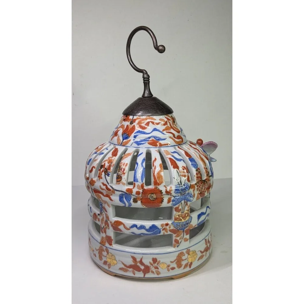 Vintage Chinoiserie Ceramic Bird Cage Candle Holder Lantern Hanger Gold Imari